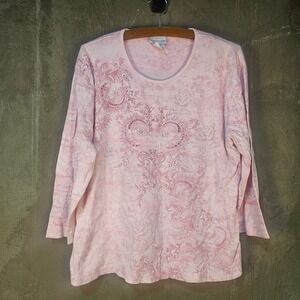 Womens 3X Pink Paisley Rhinestone Embellished 3/4 Sleeve T Shirt Top Y2K 90s